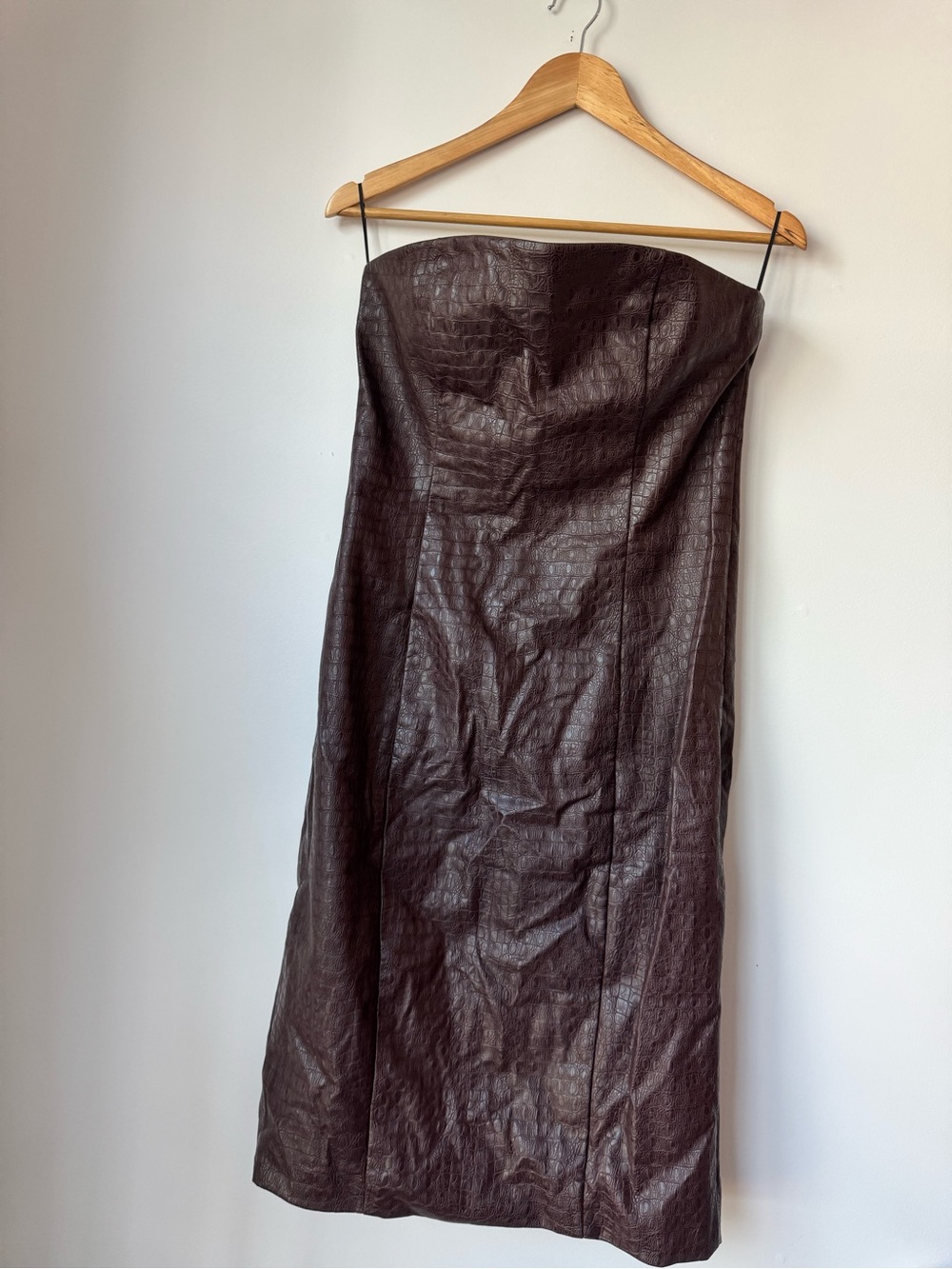 7 For All Mankind Brown Faux Leather Croc Embossed Strapless Midi Dress Medium